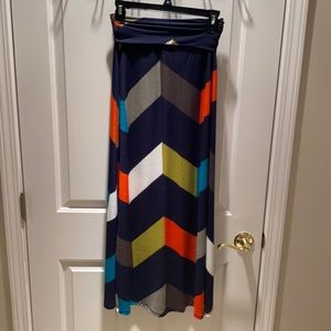 blue maxi skirt, white orange and light blue pattern, medium